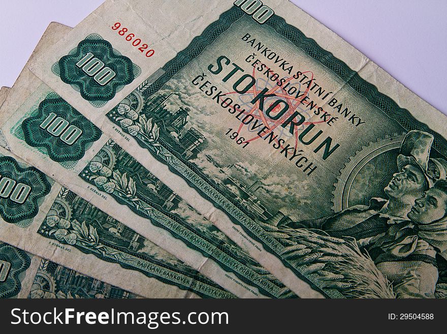 One hundred old Czechoslovak koruna banknotes. One hundred old Czechoslovak koruna banknotes