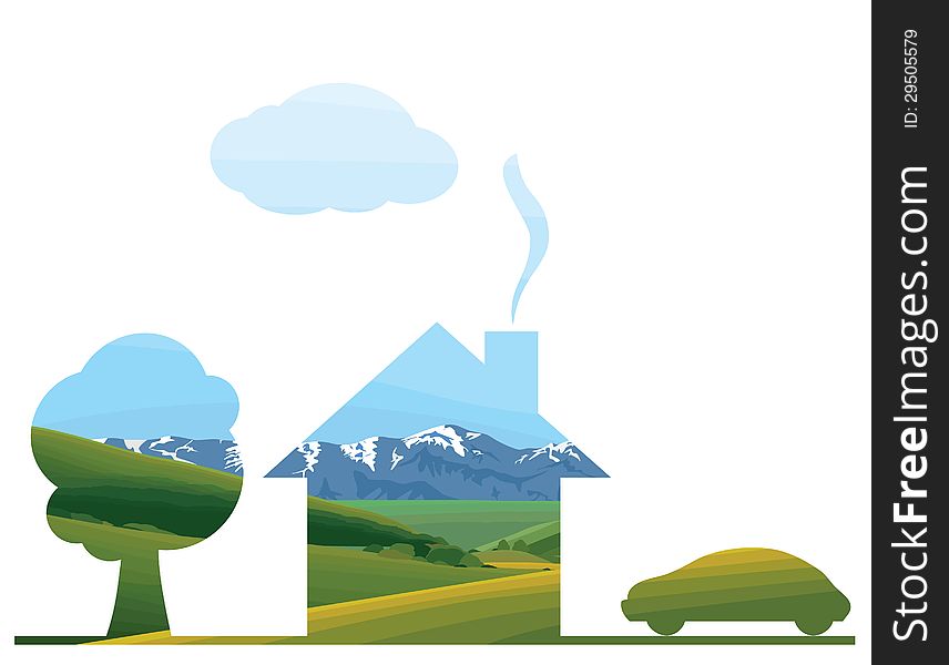 Landscape concept-Silhouette Hous ,  Car and  Tree. Landscape concept-Silhouette Hous ,  Car and  Tree