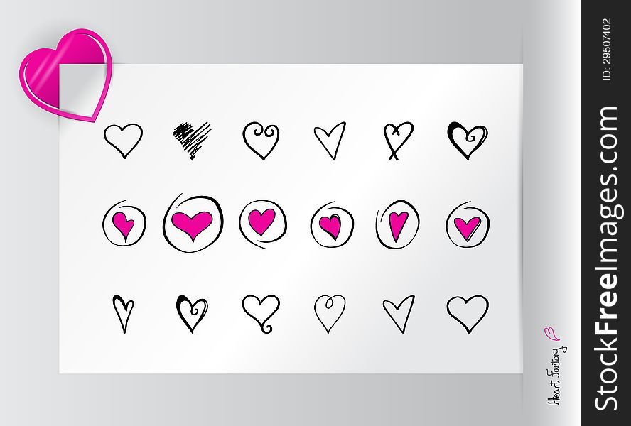 Illustration of icon set of hearts and paperclip