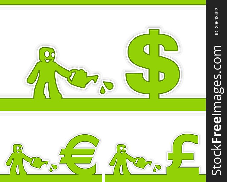 Cartoon human and money signs, business growth concept, vector illustration