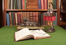 Antique Leather Books, Lamp, Inkwell And Reading Glasses Royalty Free Stock Image
