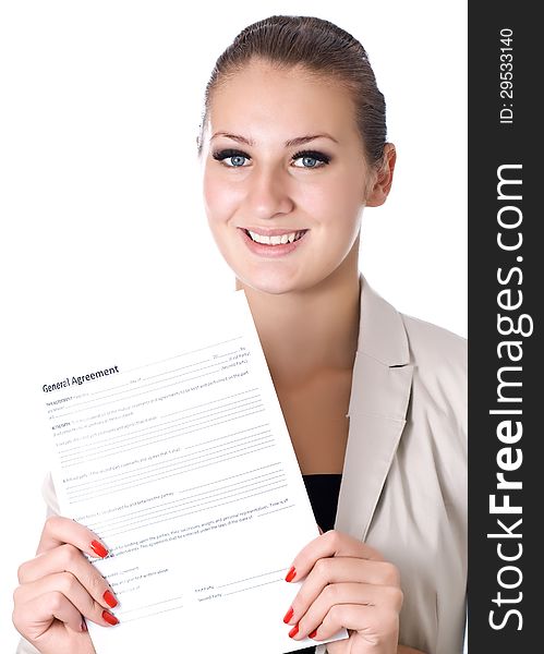 Business woman with the contract in hand isolated