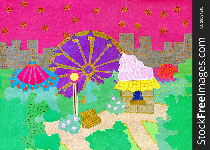 Paper cutout of amusement park in the evening. Paper cutout of amusement park in the evening