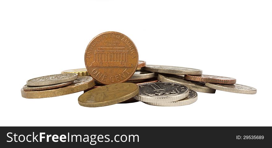 One Cent American And Other Coins Isolated