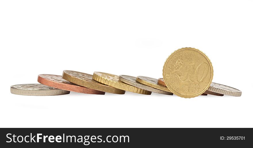 Euro cent coin on white background with other coins