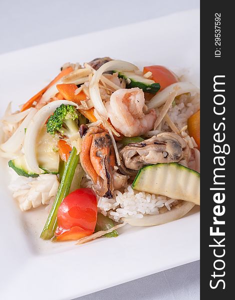 Stir fried ginger sauce seafood with rice