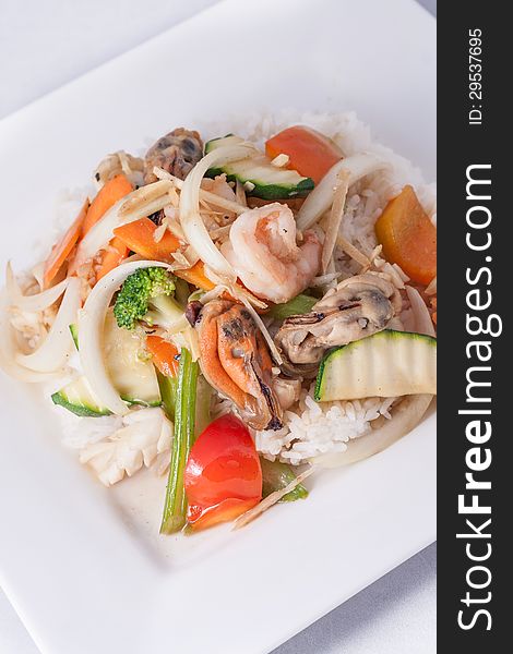 Stir fried ginger sauce seafood with rice