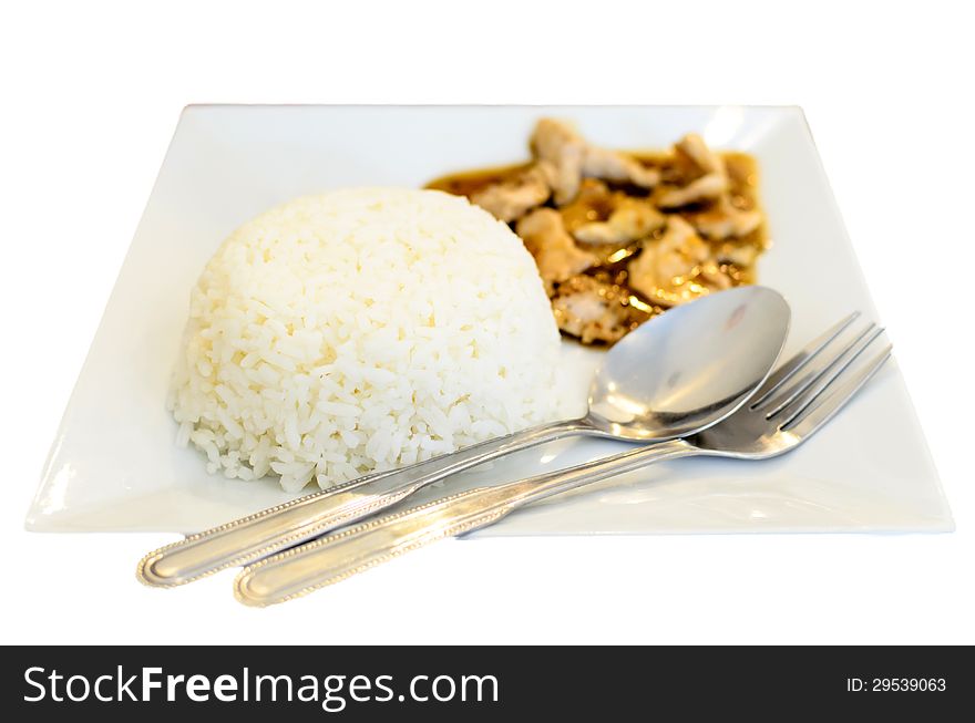 Fried pork with rice isolated white background