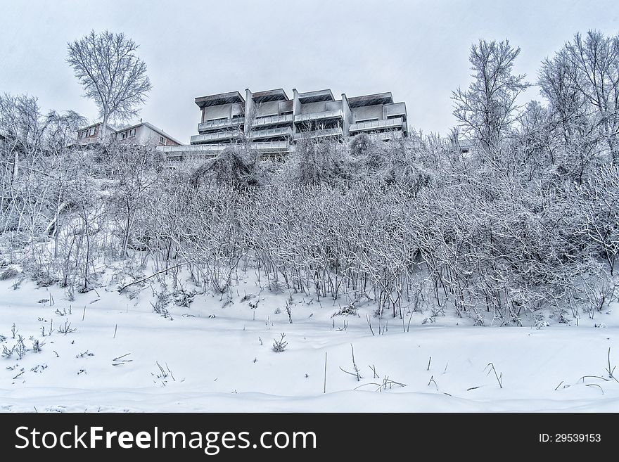 Building on a snowy day with trees in foreground