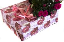 Box With A Gift And Bouquet Of Roses Stock Image Box With A Gift And Bouquet Of Roses Stock Image