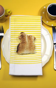 Yellow Theme Happy Easter Breakfast Table With Bunny Rabbit Toast - Vertical Royalty Free Stock Photography