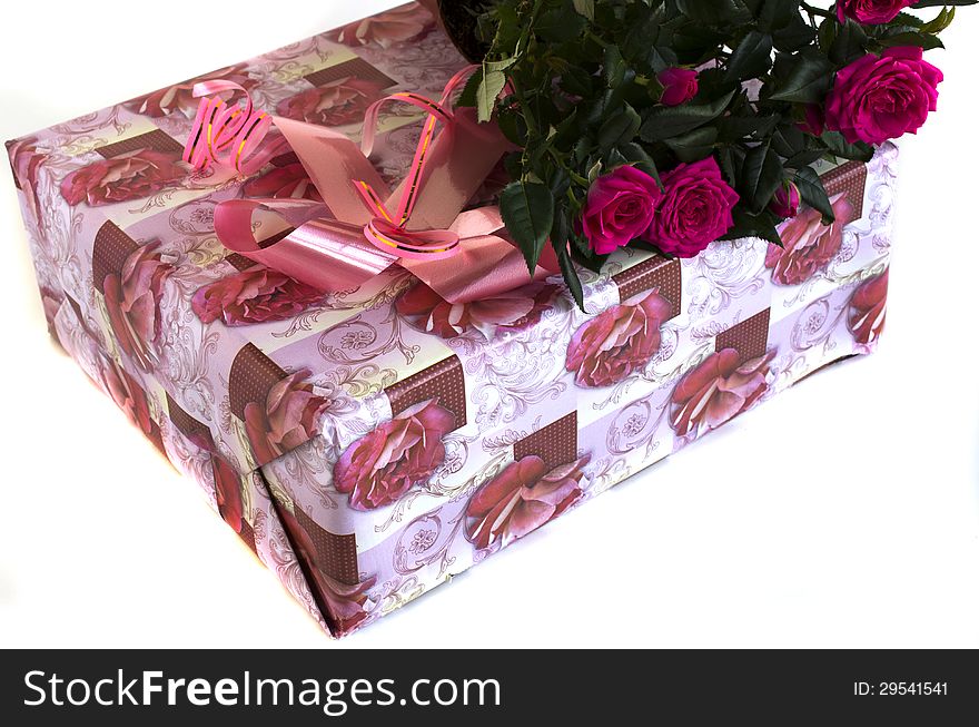 Box With A Gift And Bouquet Of Roses