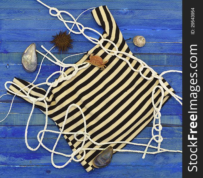 Stripped sailor vest with white rope and seashells. Stripped sailor vest with white rope and seashells