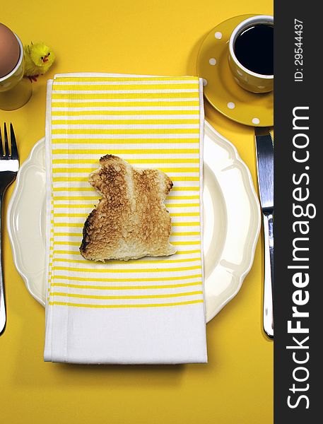 Yellow Theme Happy Easter Breakfast Table With Bunny Rabbit Toast - Vertical