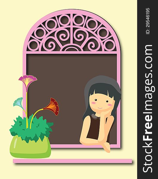 A girl at the window is looking at the flower