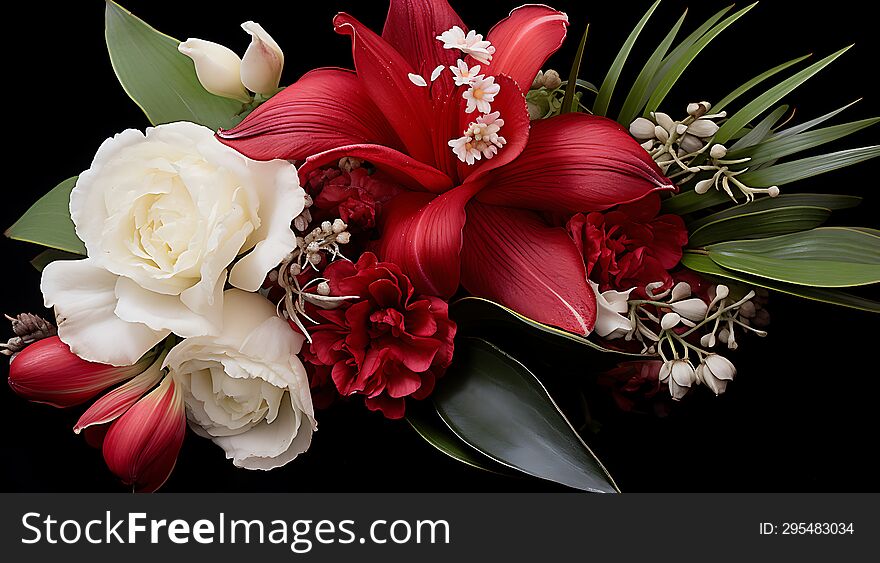 Beautiful Red And White Flowers Bouquet Isolated On Black Background.