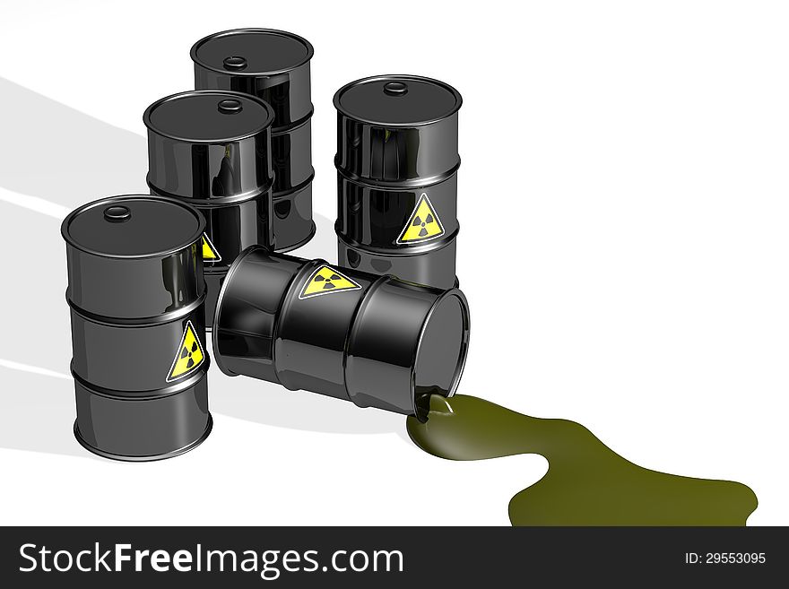 Black barrels with radioactive symbol and liquid, on white background. Black barrels with radioactive symbol and liquid, on white background.