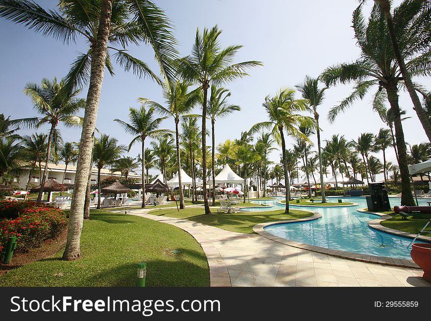 Garden and pool in resort. bahia, brazil. Garden and pool in resort. bahia, brazil