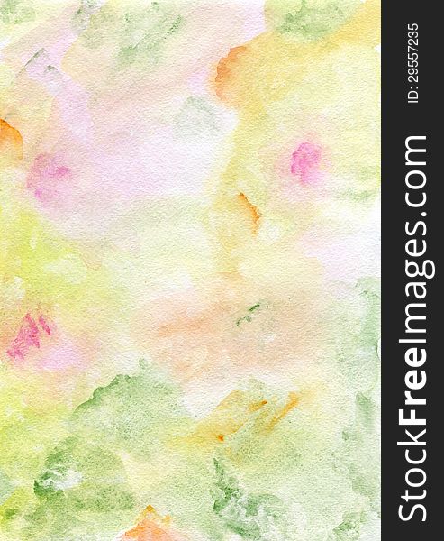 Watercolor hand painted background in green, yellow, pink, orange colours