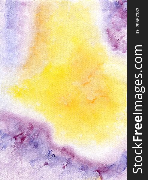 Watercolor hand painted background in yellow, violet, pink, orange colours