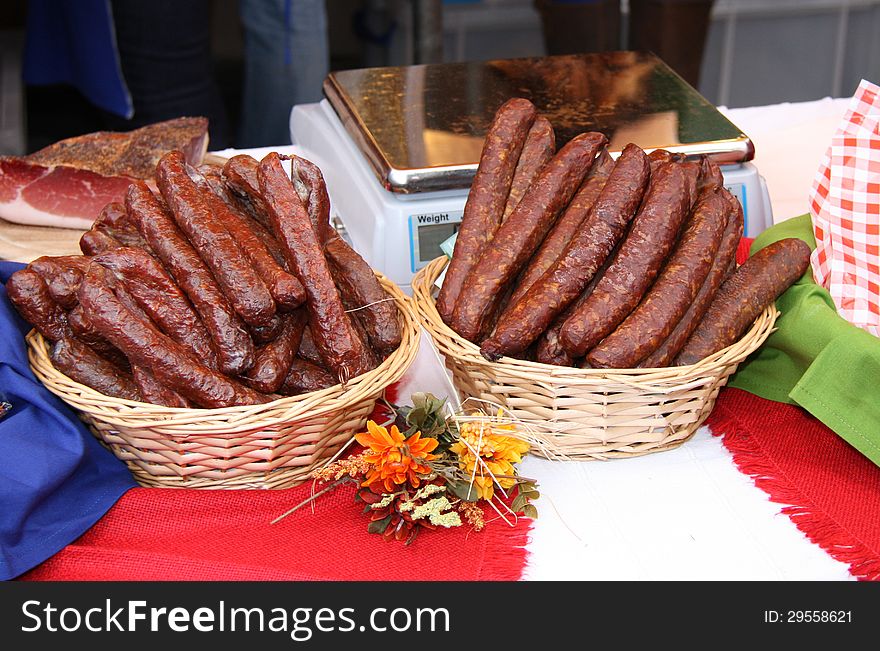 A Nice Display of Spicy Continental Sausages.