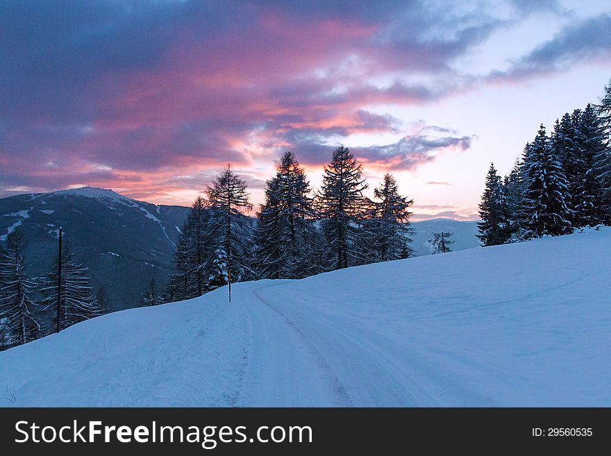 Dolomites landscape in winter at sunset. Dolomites landscape in winter at sunset