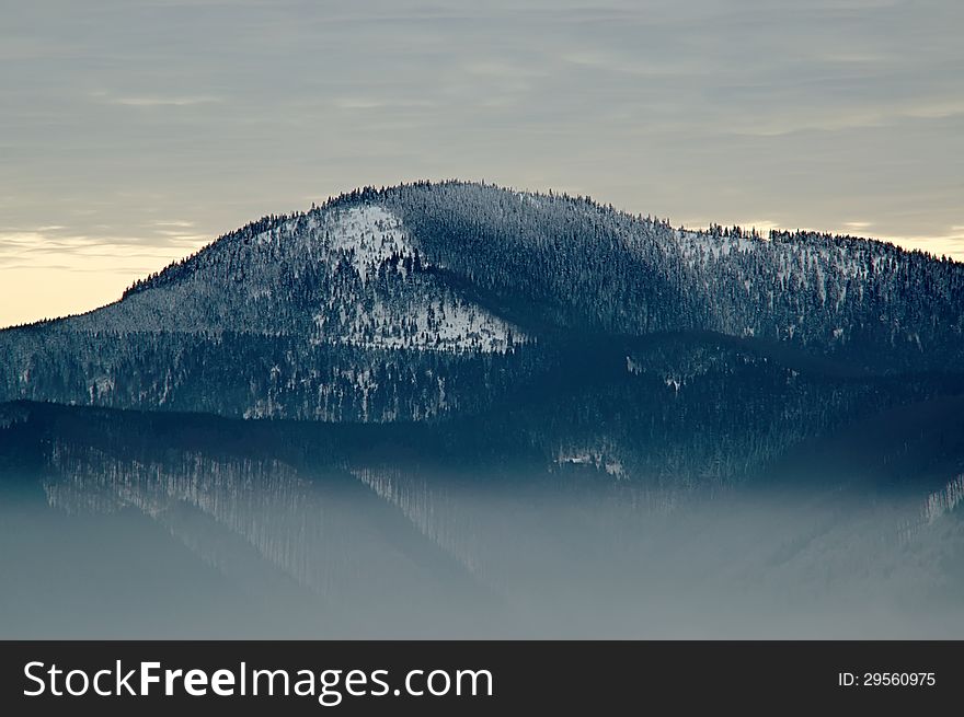 Winter mountain landscape with fog