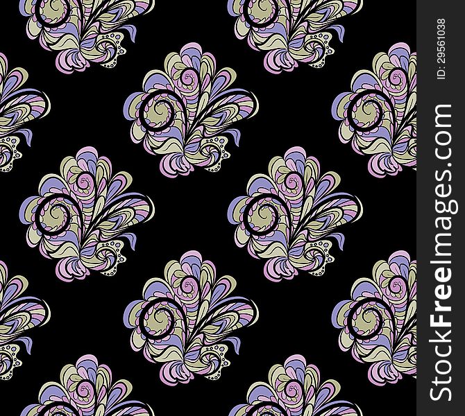 Abstract seamless pattern with floral elements at black background. Abstract seamless pattern with floral elements at black background