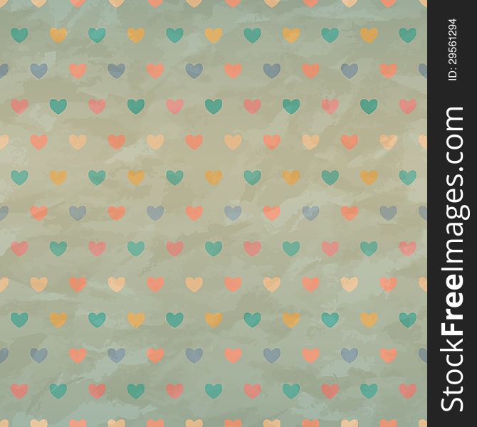Retro seamless with color hearts on old crumpled paper. EPS10 transparency. Retro seamless with color hearts on old crumpled paper. EPS10 transparency