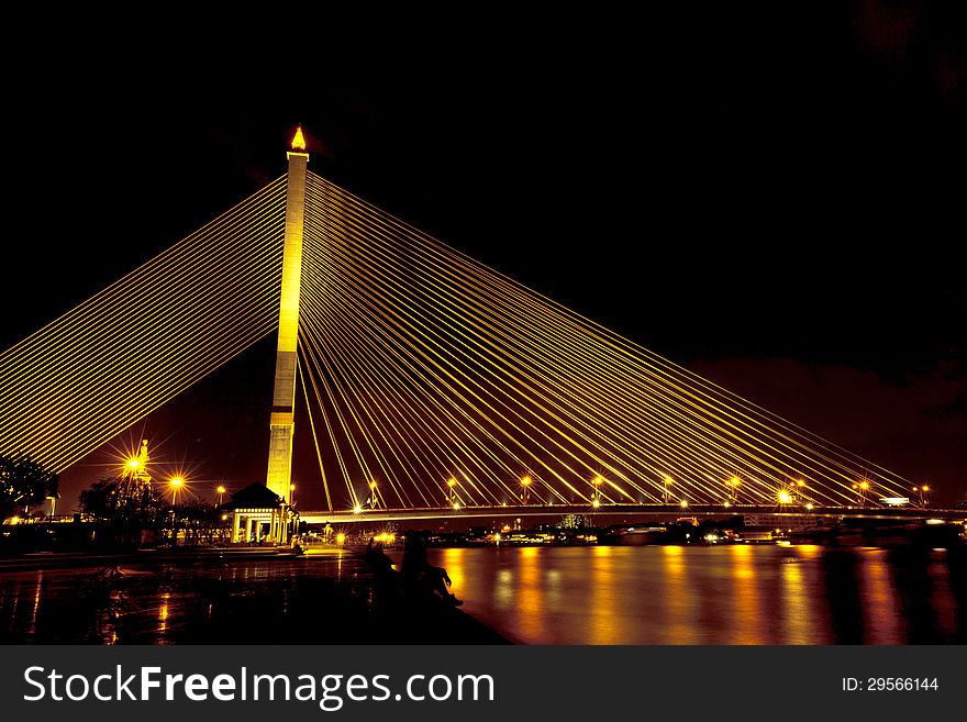 Rama VIII Bridge at night in Bangkok, Thailand