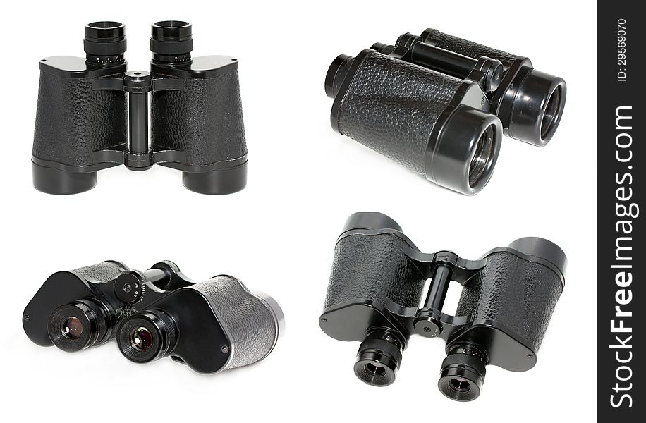 Old black binoculars. several options on a white background