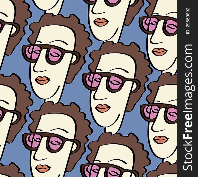 Crowd of funny peoples in pink glasses, seamless background for your design
