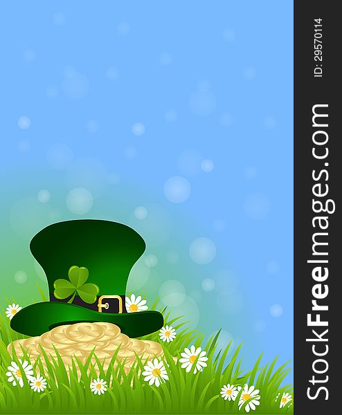 Greeting Card St. Patricks Day with clover and golden coins