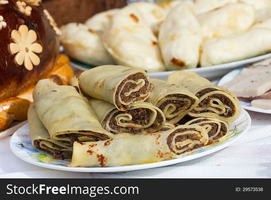 Pancakes with meat served table