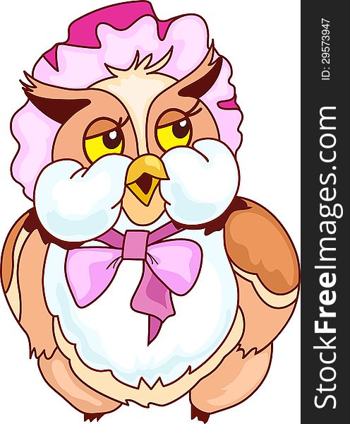 The illustration shows the cute cartoon owl in the mutch.