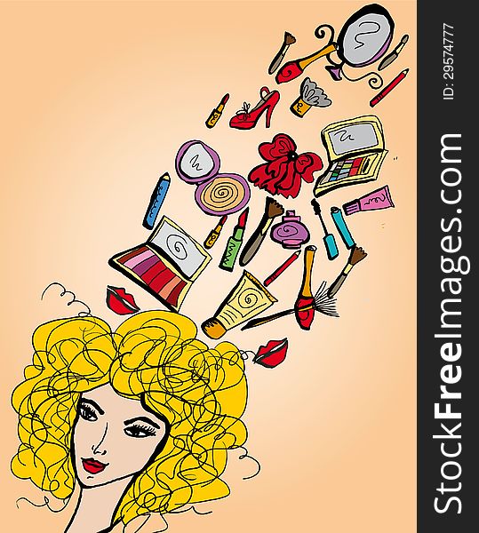 Vector colorful set of cosmetics elements flying form the head of beautiful woman. Vector colorful set of cosmetics elements flying form the head of beautiful woman