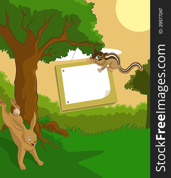 Vector image of wood background with plate and hare and chipmunk. Vector image of wood background with plate and hare and chipmunk