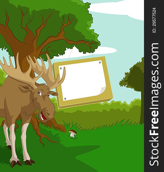 Vector image of wood background with plate and elk. Vector image of wood background with plate and elk
