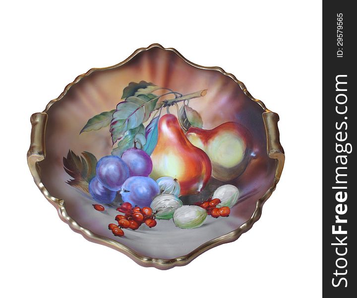 Antique hand painted porcelain platter, with decorations of flowers and fruit. Isolated on white. Antique hand painted porcelain platter, with decorations of flowers and fruit. Isolated on white.