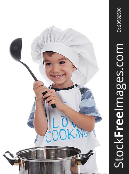 Little smiley cooker is holding ladle. Little smiley cooker is holding ladle