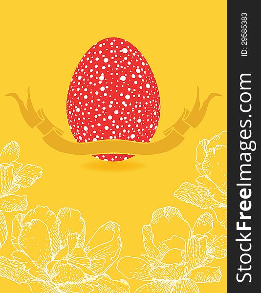 Polka dot red egg with yellow ribbon on bright spring floral background, concept for Easter holiday greeting postcard. Polka dot red egg with yellow ribbon on bright spring floral background, concept for Easter holiday greeting postcard