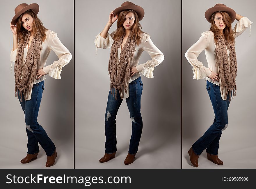 A triptych featuring a teenage model in a hat, jeans, and boots. A triptych featuring a teenage model in a hat, jeans, and boots