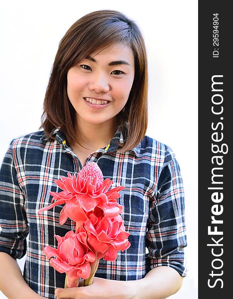 Beautiful asian woman holding Torch Ginger red flowers over white background. Beautiful asian woman holding Torch Ginger red flowers over white background