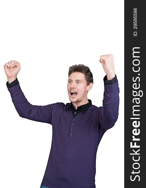 Extremely happy young man of white background