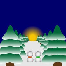 Two Snowmen Watching The Sunse Royalty Free Stock Photography