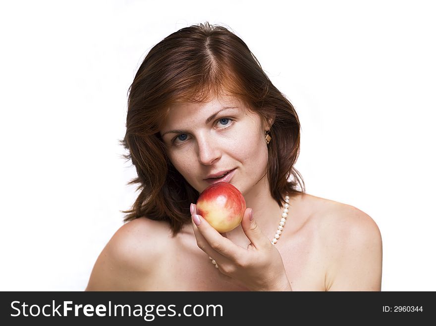 Pretty girl with fruit on white background. Pretty girl with fruit on white background