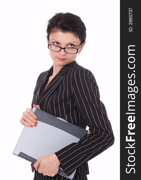 The woman with notebook on white background