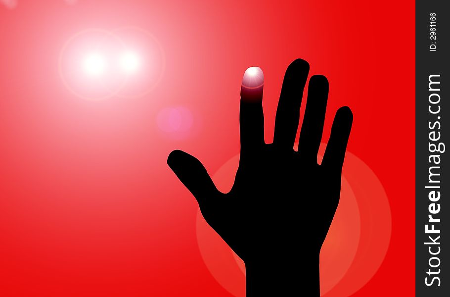 A black silhouette of a hand with a lens flare background giving the impression of two car lights coming towards the hand which is asking the driver to stop and help as there is danger ahaed. A black silhouette of a hand with a lens flare background giving the impression of two car lights coming towards the hand which is asking the driver to stop and help as there is danger ahaed.