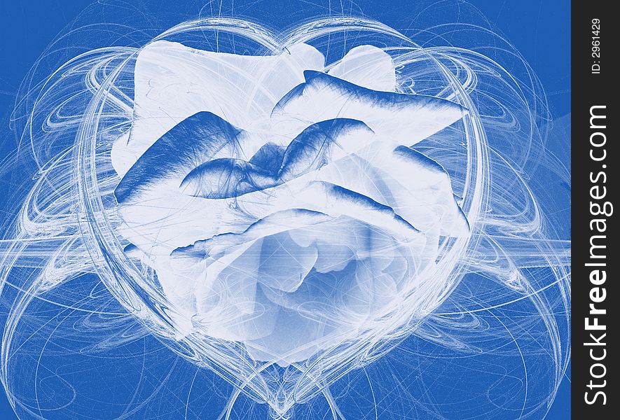 Combination of a fractal with a heart shape and a rose. The colors are only blue and white.l. Combination of a fractal with a heart shape and a rose. The colors are only blue and white.l