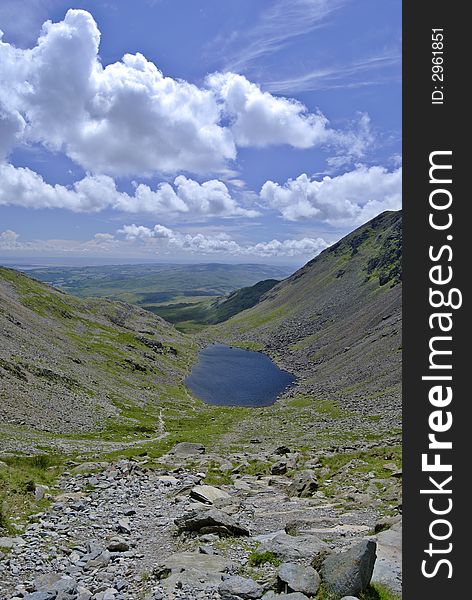 Looking down on Goat's Water from the col between Coniston old Man and Dow Crag in the English Lake District